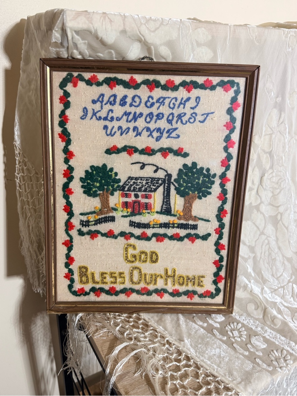 Crewel/ Embroidered 'God Bless Our Home' Wall Art - Red & Green